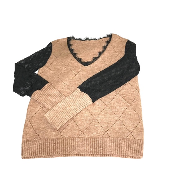 Lace Trim V-Neck Knit Sweater | Neutral Taupe & Black - Picture 3 of 16